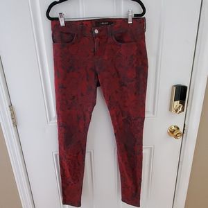 J Brand Red Brocade Mid-Rise Skinny Leg Jeans 28